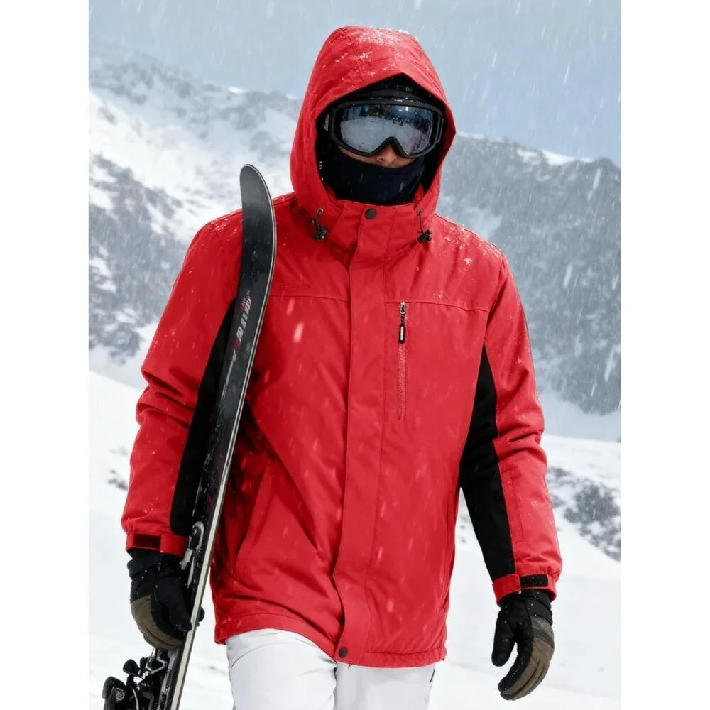 Men's Red Black Waterproof Ski Snow Fleece Lined Warm Winter Rain Jacket